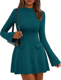 Women's Fall Mini Dress  Long Bell Sleeve Mock Neck Bodycon Elegant Work Wedding Guest Party Short Dresses