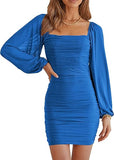 Women Elegant Square Neck Lantern Long Sleeve Mini Ruched Bodycon Dress Stretch Mesh Slim Party Cocktail Dresses
