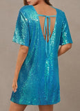 Women's Crew Neck Sequin Dress for Women Sexy V Neck Shirt Dresses Sparkly Shift Mini Dress