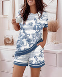 2 Pieces Outfit Round Neck Short Sleeve Top and Elastic Waist Shorts Set Casual Animal & Plants Print Contrast Paneled Pajamas Set(shipping 7 Days-15 Days )