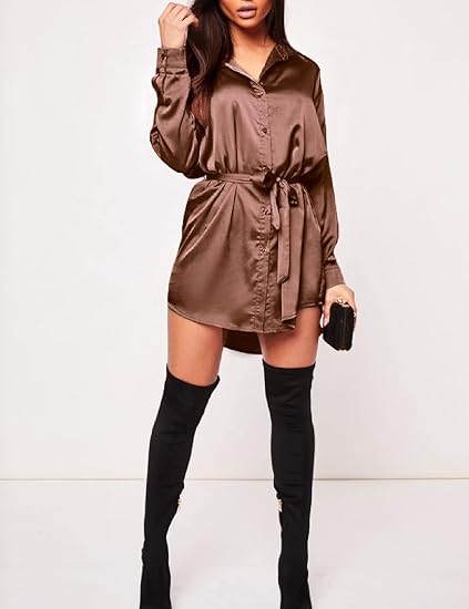 Women's Stain Long Sleeve Dress Button Down Shirts Tunic Dresses Casual V-Neck Mini Dress with Belt