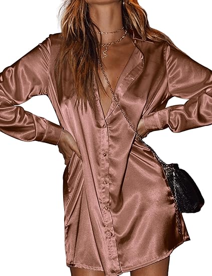 Women's Stain Long Sleeve Dress Button Down Shirts Tunic Dresses Casual V-Neck Mini Dress with Belt