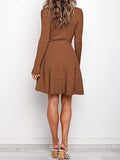 Women's Long Sleeve Midi Dress Crewneck Tie Waist A-Line Swing Casual Bodycon Ribbed Knit  Fall Sweater Dress