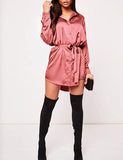 Women's Stain Long Sleeve Dress Button Down Shirts Tunic Dresses Casual V-Neck Mini Dress with Belt