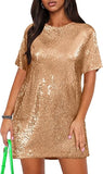 Women's Crew Neck Sequin Dress for Women Sexy V Neck Shirt Dresses Sparkly Shift Mini Dress