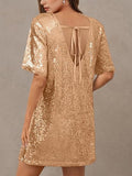 Women's Crew Neck Sequin Dress for Women Sexy V Neck Shirt Dresses Sparkly Shift Mini Dress
