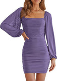 Women Elegant Square Neck Lantern Long Sleeve Mini Ruched Bodycon Dress Stretch Mesh Slim Party Cocktail Dresses