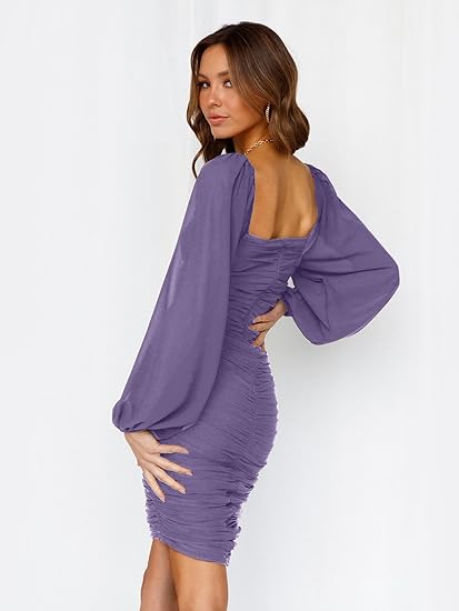 Women Elegant Square Neck Lantern Long Sleeve Mini Ruched Bodycon Dres   Divahotcouture