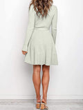Women's Long Sleeve Midi Dress Crewneck Tie Waist A-Line Swing Casual Bodycon Ribbed Knit  Fall Sweater Dress