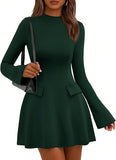 Women's Fall Mini Dress  Long Bell Sleeve Mock Neck Bodycon Elegant Work Wedding Guest Party Short Dresses