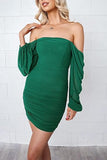 Women Elegant Square Neck Lantern Long Sleeve Mini Ruched Bodycon Dress Stretch Mesh Slim Party Cocktail Dresses