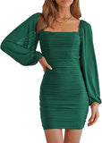 Women Elegant Square Neck Lantern Long Sleeve Mini Ruched Bodycon Dress Stretch Mesh Slim Party Cocktail Dresses