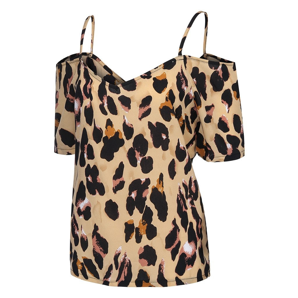 Women Blouse Plus Sizewomens Tops And Blouses Ladies Summer Leopard Print Cold Shoulder Blouse Tees Shirt (upto 5XL)