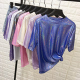 New summer retro style stylish bright silk woman tops shiny loose short sleeve t-shirt sexy club aesthetic