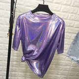 New summer retro style stylish bright silk woman tops shiny loose short sleeve t-shirt sexy club aesthetic