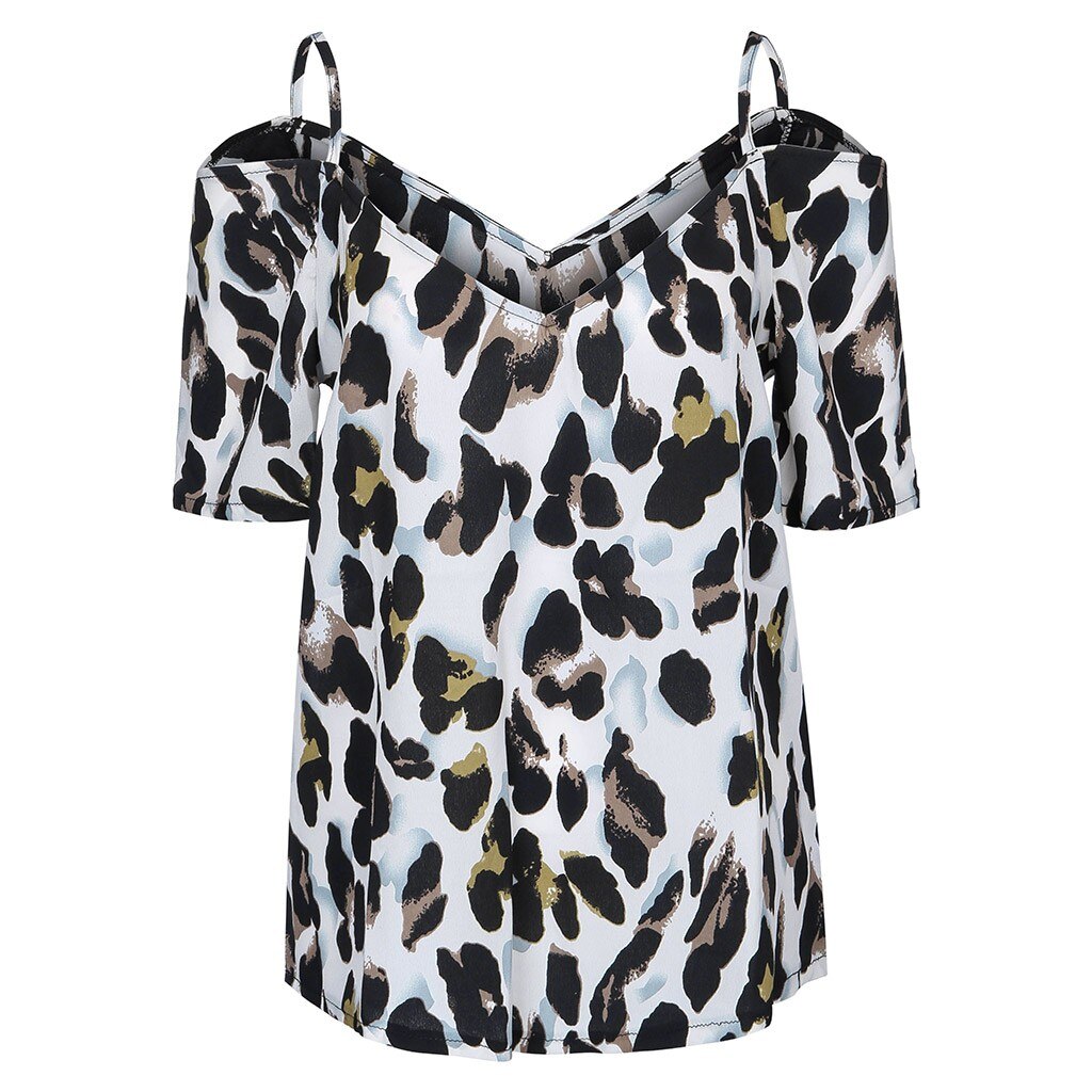 Women Blouse Plus  Tops And Blouses Ladies Summer Leopard Print Cold Shoulder Blouse Tees Shirt Tops(Upto 5XL)