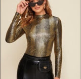 Round Neck Metallic Crocodile print  Fitted Tee Top