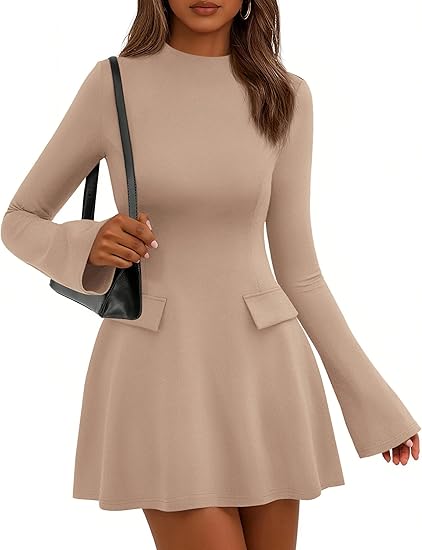Women's Fall Mini Dress  Long Bell Sleeve Mock Neck Bodycon Elegant Work Wedding Guest Party Short Dresses