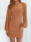 Women Elegant Square Neck Lantern Long Sleeve Mini Ruched Bodycon Dress Stretch Mesh Slim Party Cocktail Dresses