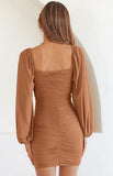 Women Elegant Square Neck Lantern Long Sleeve Mini Ruched Bodycon Dress Stretch Mesh Slim Party Cocktail Dresses