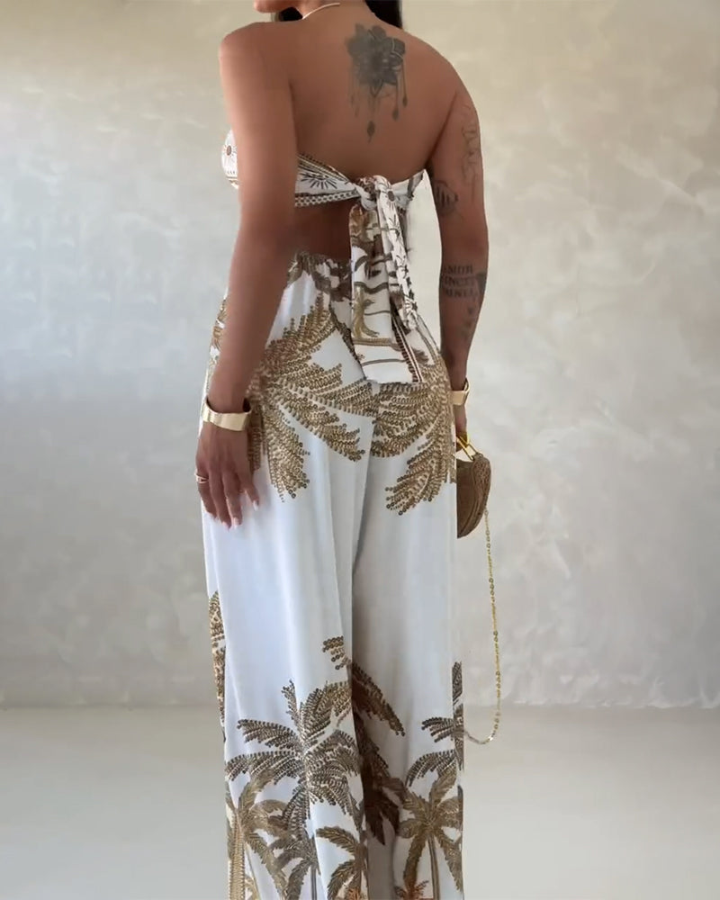 Palm Tree Print Bandeau Twist Front Backless Tie Back Overalls Casual Hollow-out Front Wide Leg Jumpsuit
