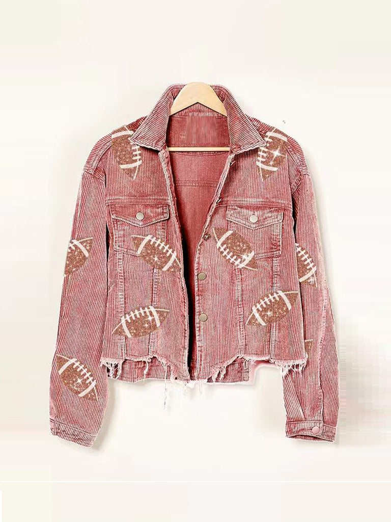 New Sports Casual Corduroy Jacket Woman Retro Turn-down Collar Splicing Football Sequins Spring Autumn Tassel Jacket for Women