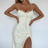 Women Summer Floral V Neck Spaghetti Strap Cam Dress For Woman Robe Sexy Bodycon Split Chic Mid-Calf Aesthetic Dress