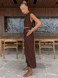 Khaki Linen Pants Sets Women 2 Piece Fashion Sexy Lace-Up Crop Tops Vacation Elastic Waist Loose Long Pants Suits