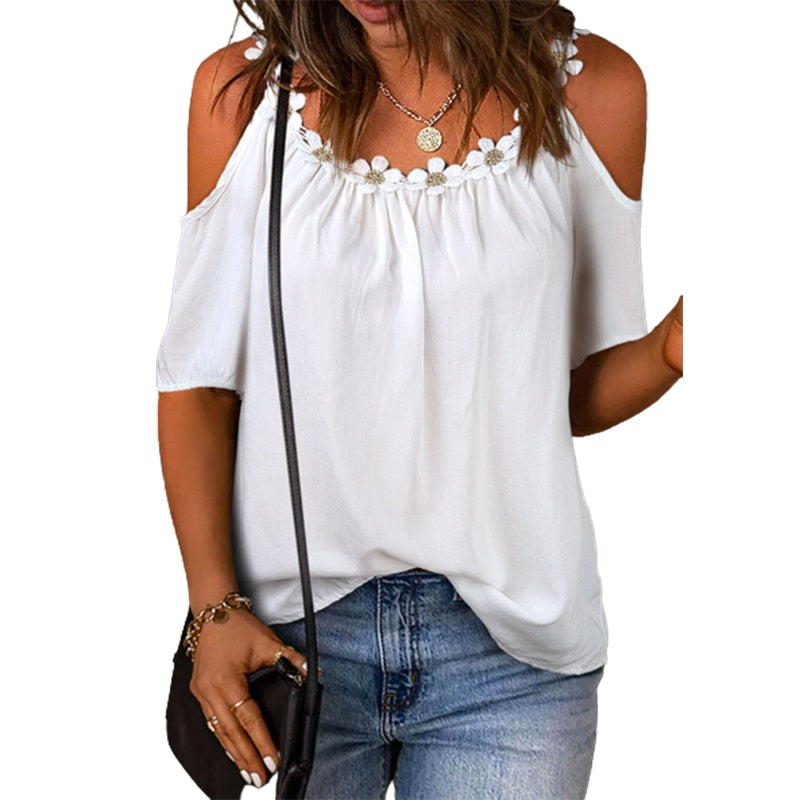 Women Cute Appliques Blouse Casual Summer Short Sleeve Shirt Plain White Loose Fit Cold Shoulder Tops Flower Decoration White