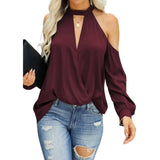 Woman Blouses  Sexy Hollow Out  Cold Shoulder Halter T Shirts Long Sleeve Tops Drape Ruched Front Loose Fit Shirts