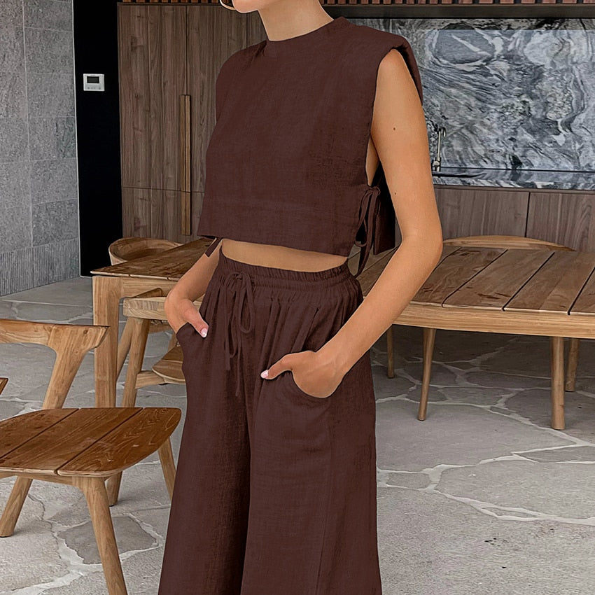 Khaki Linen Pants Sets Women 2 Piece Fashion Sexy Lace-Up Crop Tops Va Divahotcouture Khaki Linen Pants Sets Women 2 Piece Fashion Sexy Lace-Up Crop Tops Va Divahotcouture