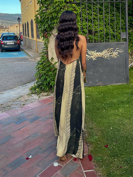 Elegant Halter Beach Print Dress Women Summer Backless Loose Vacation Female Lon