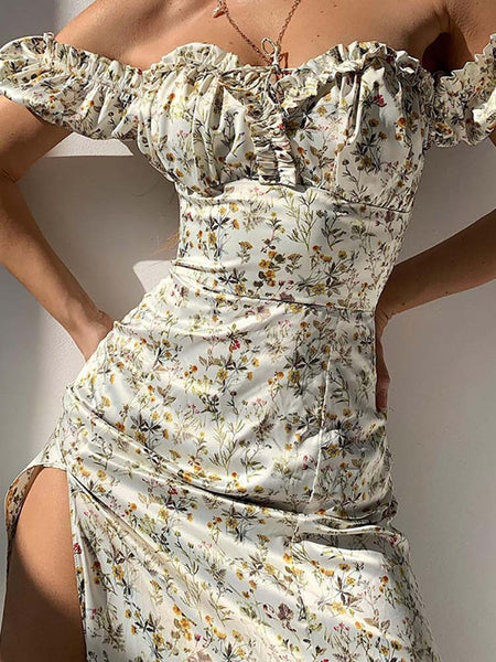 Slash neck Floral Print Split Beach Dress Women Summer Elegant Ruffles Party Lon