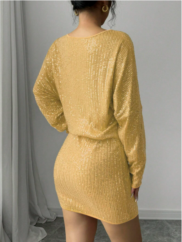 yellow sequin dress long sleeve Sequin Sleeve Asymmetrical Neck Party Dress – Divahotcouture
