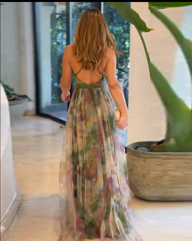 Floral Print Plunge V Neck Spaghetti Strap Maxi Dress Elegant Waist High Slit Mesh Dress