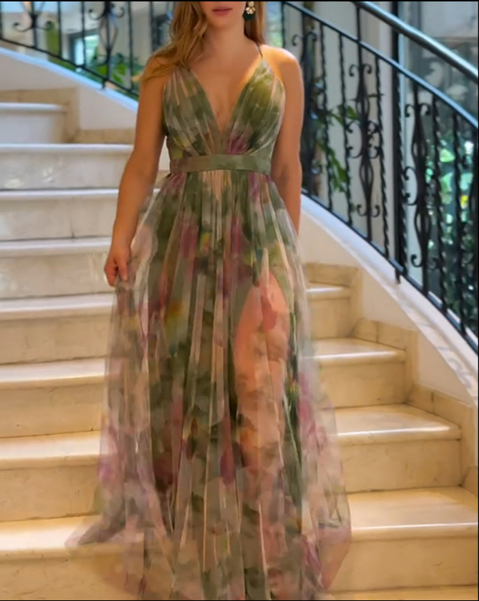 Floral Print Plunge V Neck Spaghetti Strap Maxi Dress Elegant Waist High Slit Mesh Dress