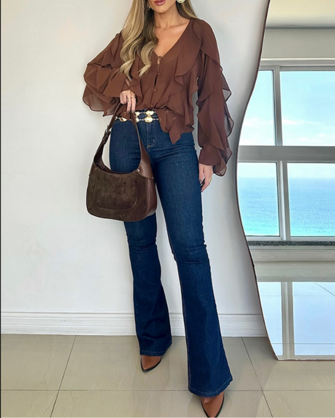 V Neck Shoulder Asymmetrical Ruffles Blouse Casual Button Front Long Sleeve Top