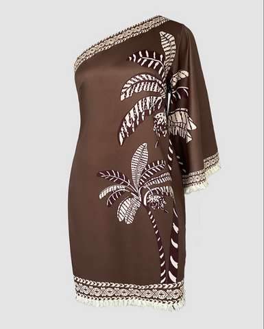 Tropical Print One Shoulder Fringe A Line Dress