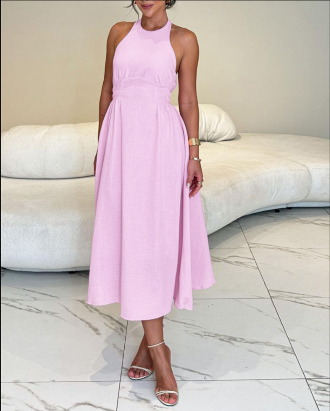 Sleeveless Shirred Backless Maxi Dress Casual Cinched Waist Zipper Back A Line Dress