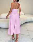Sleeveless Shirred Backless Maxi Dress Casual Cinched Waist Zipper Back A Line Dress