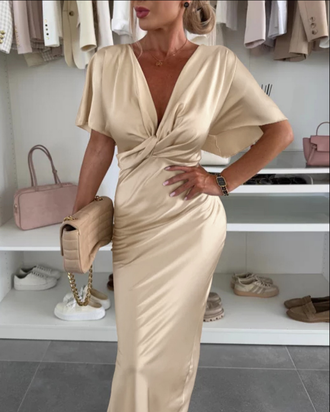 satin Plunge Batwing Sleeve Casual Twist Dress