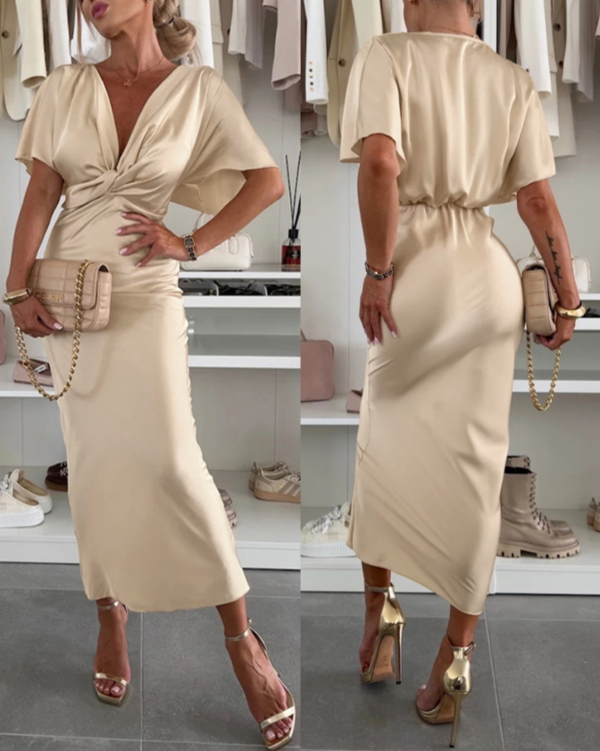 satin Plunge Batwing Sleeve Casual Twist Dress