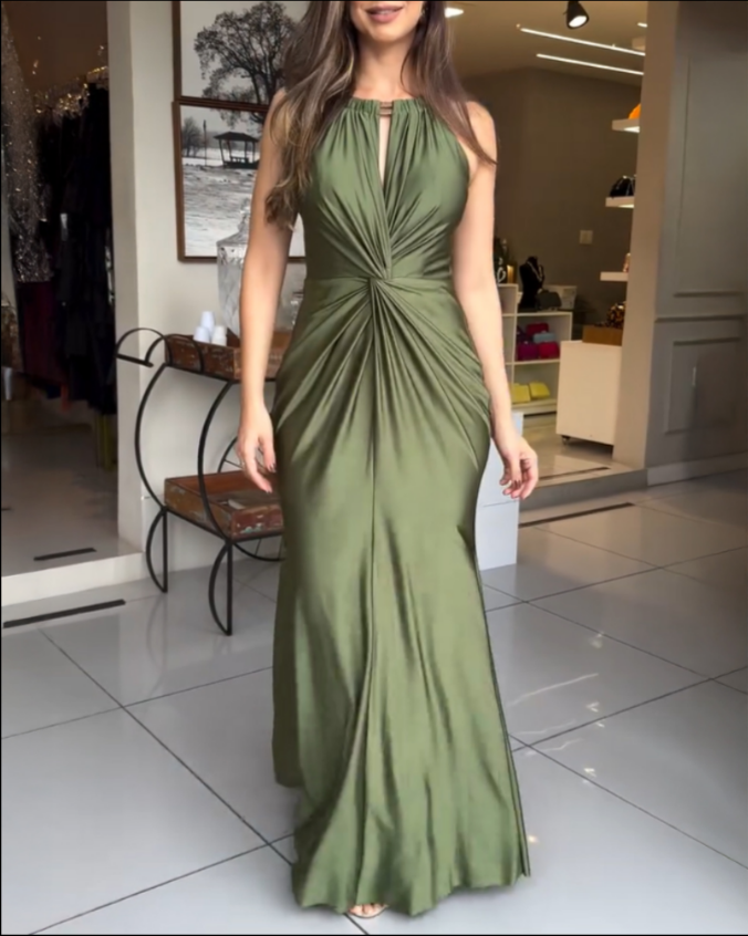 Satin Sleeveless Hollow-out Twist Front Evening Dress Tied Detail Backless Zipper Back Mermaid Hem Dress Satin Sleeveless Hollow-out Twist Front Evening Dress Tied Detail Backless Zipper Back Mermaid Hem Dress