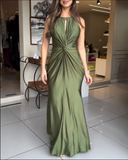 Satin Sleeveless Hollow-out Twist Front Evening Dress Tied Detail Backless Zipper Back Mermaid Hem Dress