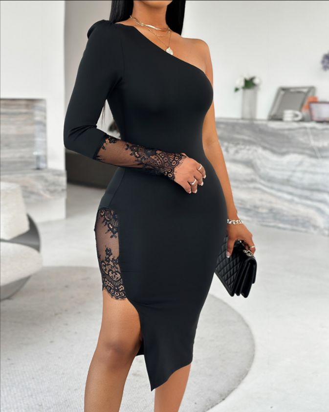Womens One Shoulder Lace Insert Slit Bodycon Dress Cocktail Partywear