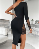 Womens One Shoulder Lace Insert Slit Bodycon Dress Cocktail Partywear