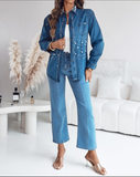 Pearls & Rhinestone Decor Turn-down Collar Button Front Denim Shirt Casual Top
