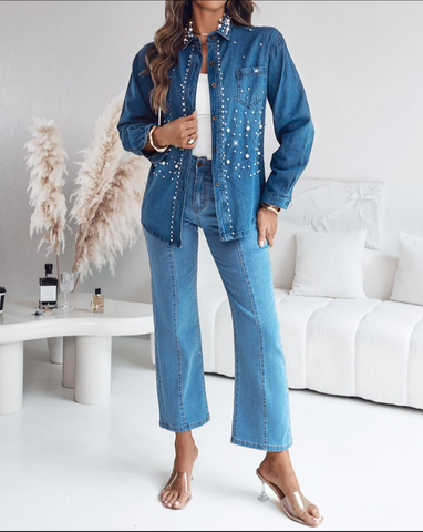 Pearls & Rhinestone Decor Turn-down Collar Button Front Denim Shirt Casual Top