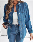 Pearls & Rhinestone Decor Turn-down Collar Button Front Denim Shirt Casual Top