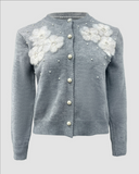 Floral Applique & Pearls Decor Round Neck Single Breasted Knit Cardigan Casual Sweater Coat